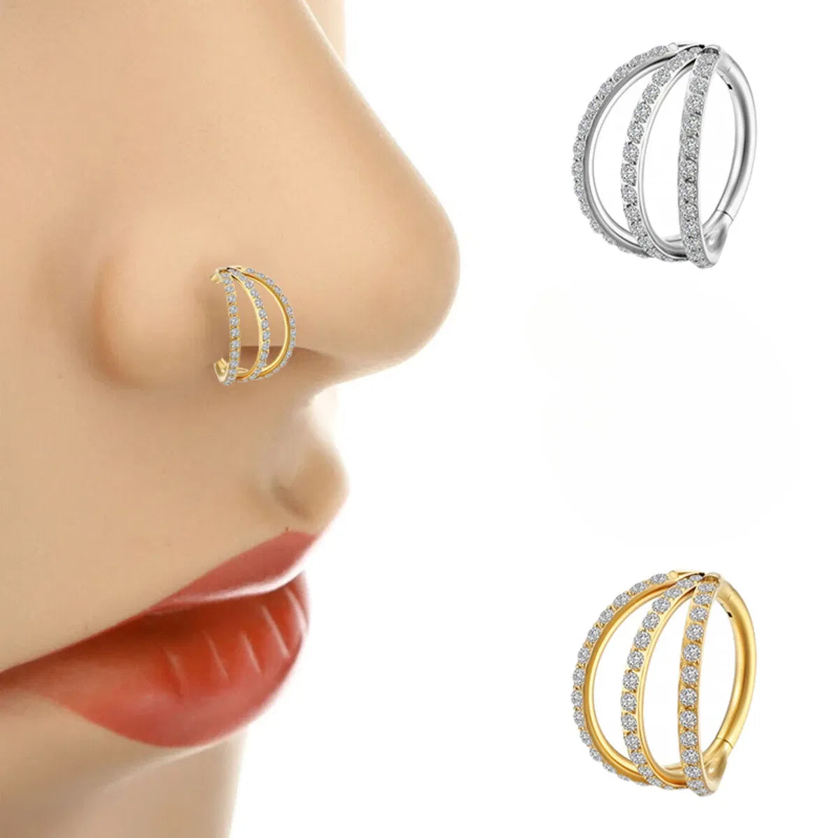 Metal color: Light Yellow Color, Main Stone Color: WHITE - G23 Titanium Piercing Hinged Segment Hoops CZ Stone Nose Rings Ear Cartilage Tragus Helix Earrings Piercing Body Jewelry