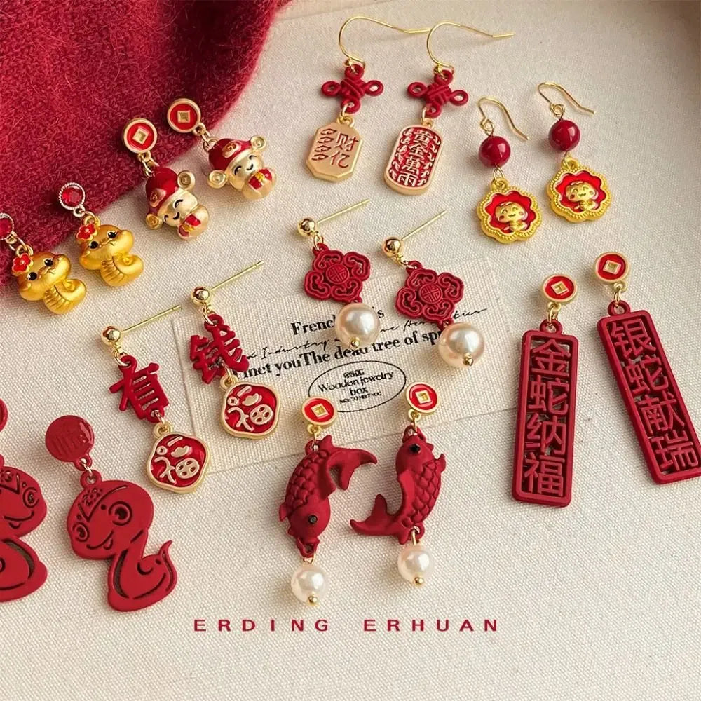 Metal Color: BRONZE - Chinese Style New Year Earrings Heart God of Wealth Snake Year Drop Earring Tassels Ear Decor 2025 Women Earrings Women