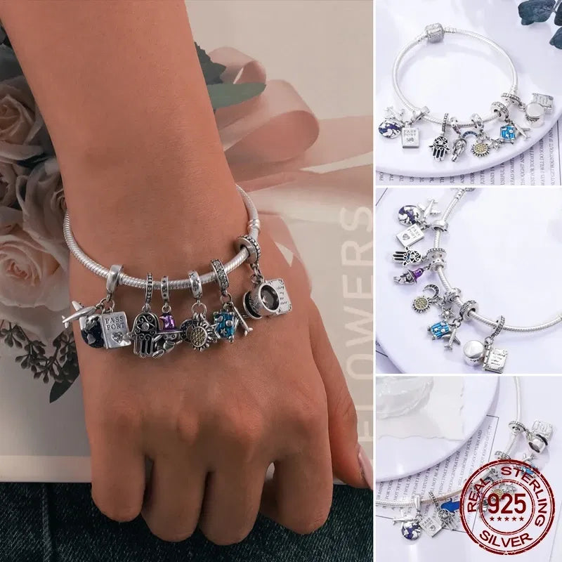 Gem Color: Gold, Length: 19cm - Original 925 Sterling Silver Bracelet Star Heart Clasp Snake Chain Rose Gold DIY Beads Charms Bracelets For Women Luxury Jewelry