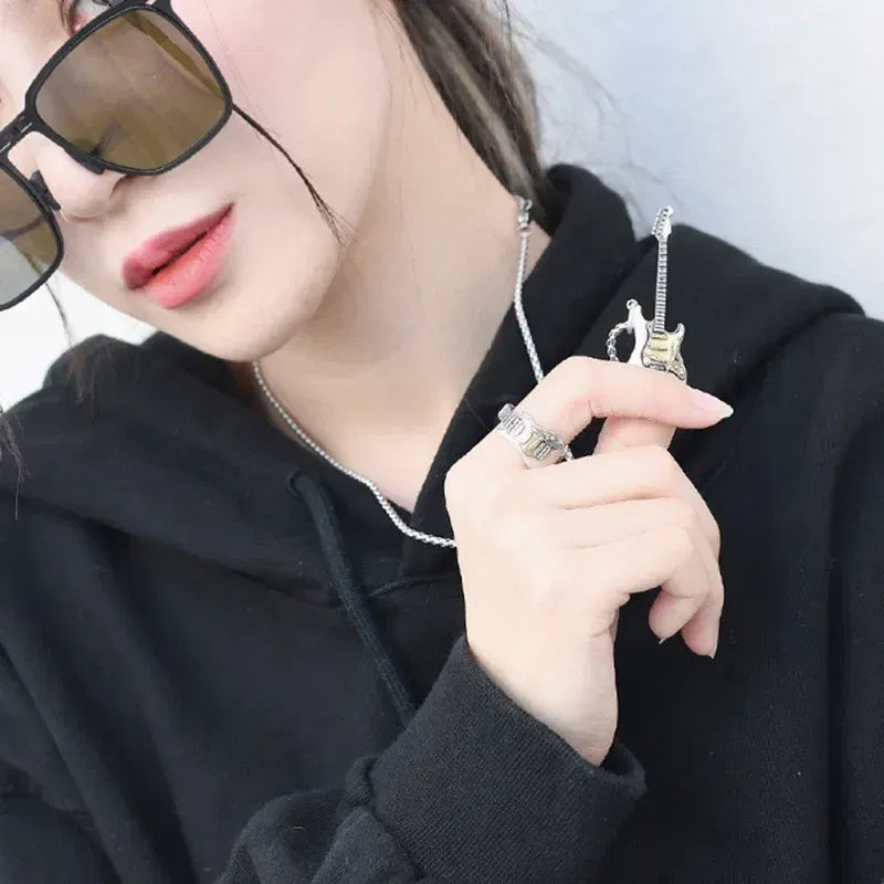 Metal Color: Rhodium Plated - Retro Punk Music Guitar Necklace for Men Personalized Gothic Pendant Fashion Hip Hop Rock Singer Jewelry Gift