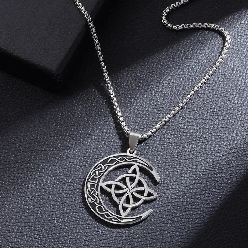 Metal color: Rhodium Plated - Vintage Witch Knot Necklace Stainless Steel Magic Knot Pagan Wicca Symbol Pendant for Men Women Celtic Knot Jewelry Gifts