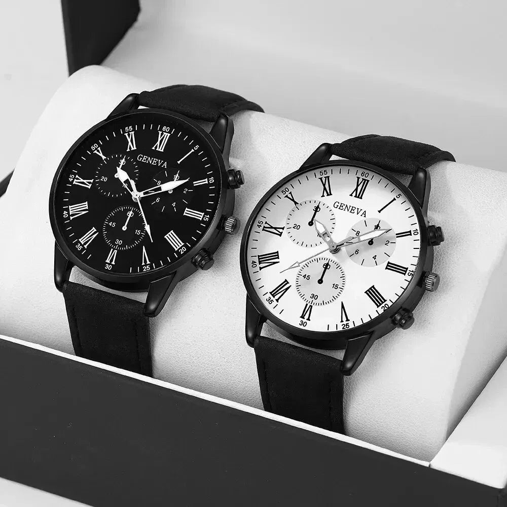 Color: Rose - 2PCS Set Couple Fashion Casual Leather Watches Ladies Simple Dial Quartz Wristwatches Dress Clock Montre Femme