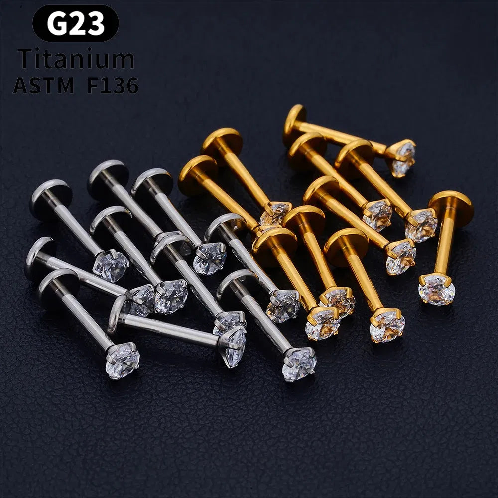 Metal color: Gold-color, Ships From: CHINA, Main Stone Color: Pink - 10PCS ASTM F136 G23 Titanium Piercing Labret Lip Ring Stud Earring CZ Ear Tragus Cartilage Helix Daith Pierc Jewelry 16/18/20g