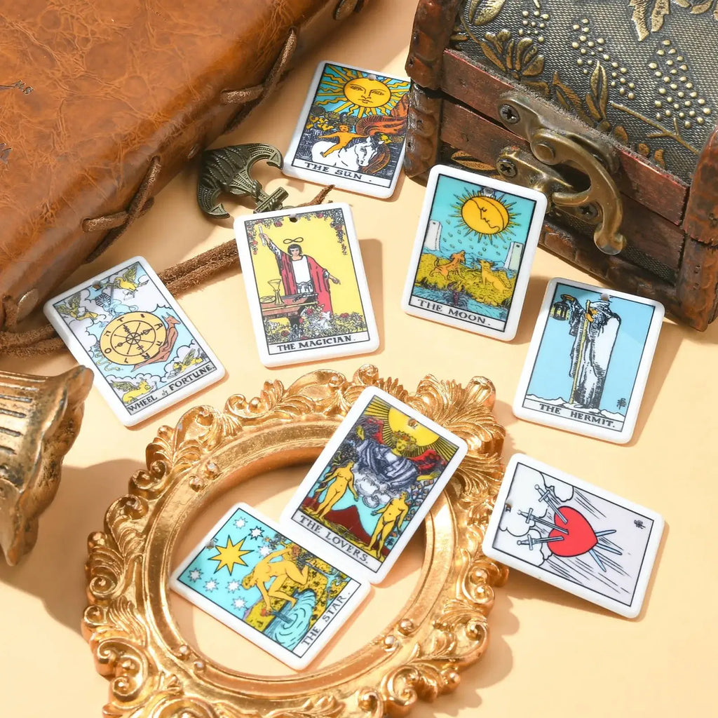 16Pcs 8 Styles Acrylic Tarot Card Charms Sun Moon Star Tarot Charms Divination Rectangle Tarot Pattern Charms for Jewelry Making