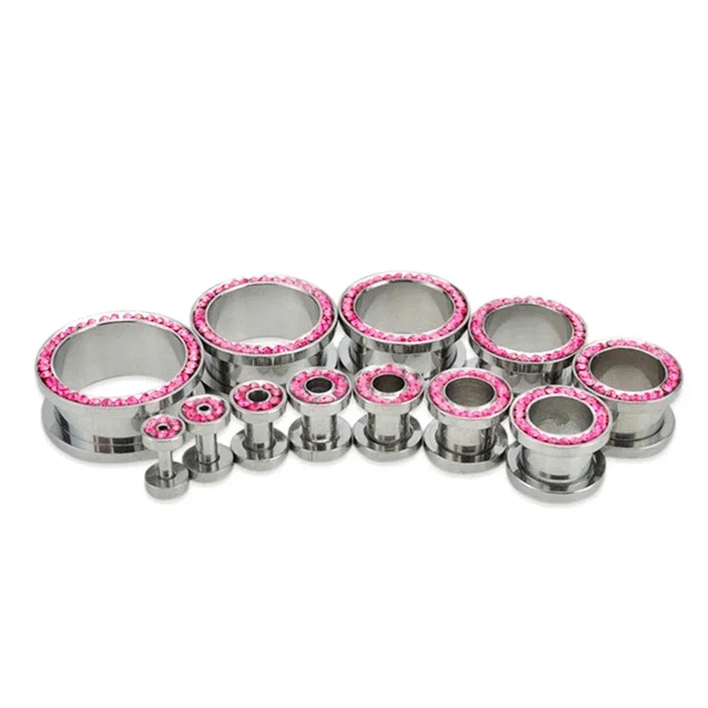 Metal color: Gold-color, Main Stone Color: Pink - 2pc Steel Multicolour Crystal Ear Plug Flesh Tunnel 8g ( 3mm ) - 1" ( 25mm ) Gauge Expander Stretcher Screw Fit