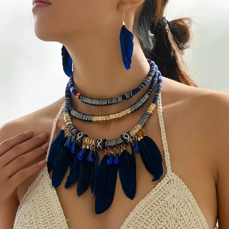 Metal color: Rhodium Plated - Fashion Vintage Ethnic Feather Choker Necklace Earrings Set For Women Multilayer Nekclace Earrings Jewelry Sets