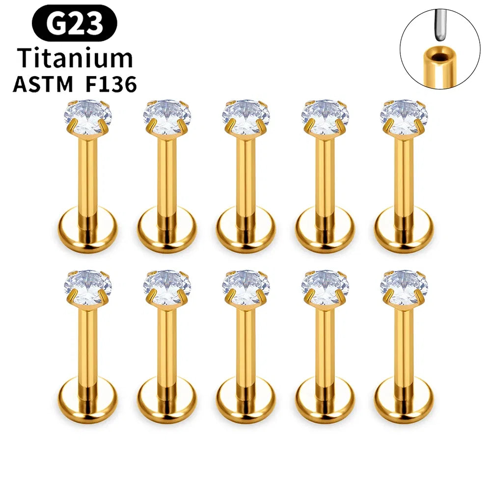Metal color: Light Yellow Color, Ships From: CHINA, Main Stone Color: Brown - 10PCS ASTM F136 G23 Titanium Piercing Labret Lip Ring Stud Earring CZ Ear Tragus Cartilage Helix Daith Pierc Jewelry 16/18/20g