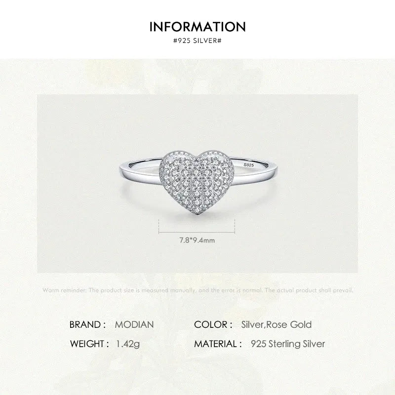 Gem Color: silver, Ring Size: 5 - MODIAN 925 Sterling Silver Delicate Romantic Love Heart Finger Ring Zirconia For Women Fine Jewelry Valentine Day Gift
