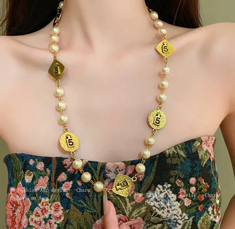 Metal color: Rhodium Plated - Vintage Chain Pearl Necklace earring for Women  Sweater Jewelry set