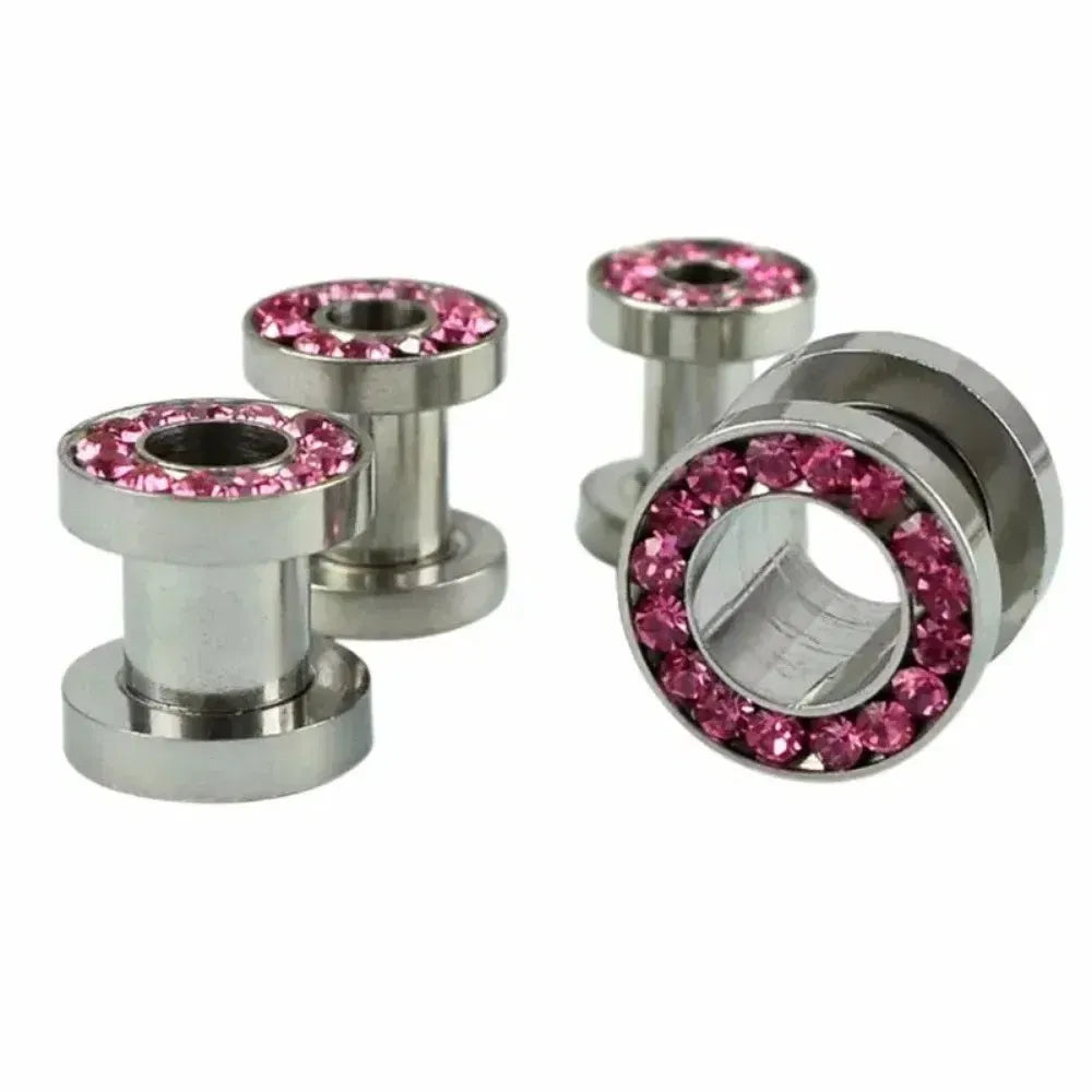 Metal color: Gold-color, Main Stone Color: Pink - 2pc Steel Multicolour Crystal Ear Plug Flesh Tunnel 8g ( 3mm ) - 1" ( 25mm ) Gauge Expander Stretcher Screw Fit