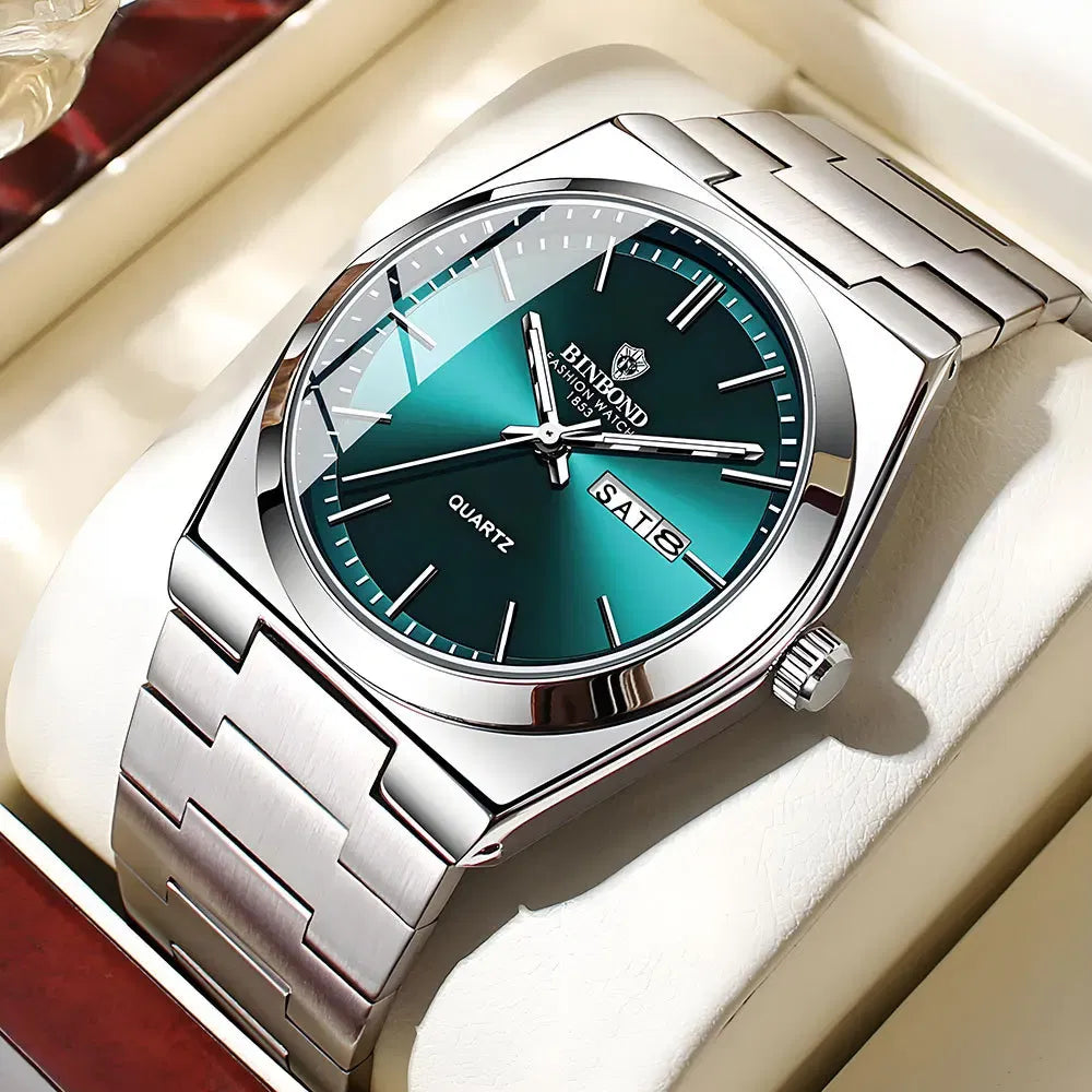 Color: Silver - UTHAI Men Watch Light Luxury Brand Stainless Steel Double Calendar Waterproof Male Business Leisure Fashion Quartz Clock Watches