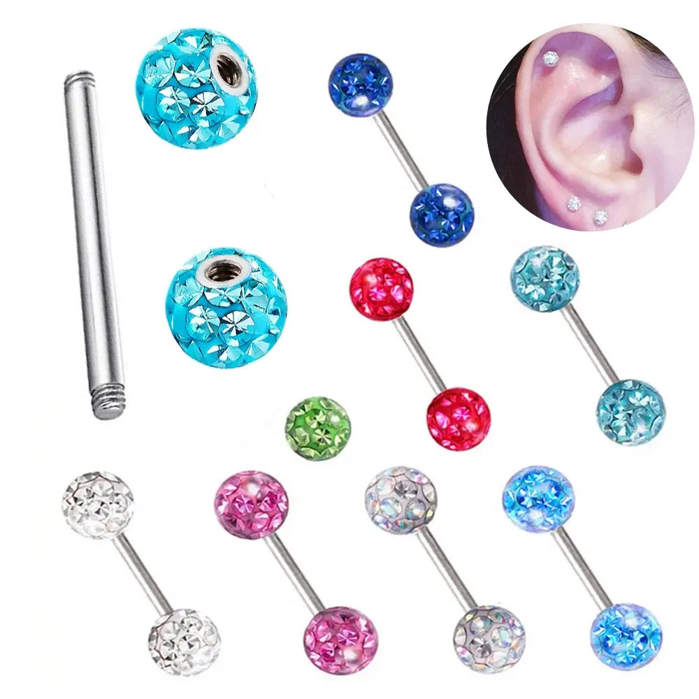 Metal color: None, Main Stone Color: WHITE - 16g 1.2mm Coated Crystal Steel Ear Stud Tragus Helix Cartilage 3/4/5mm CZ Ball 6/8/10/12/14mm Bar Barbell Piercing