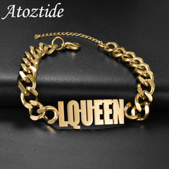 Metal Color: green, Length: 19.5CM, Main Stone Color: Orange - Atoztide Personalized Custom Name Bracelet for Women Men Stainless Steel 10mm Cuban Chain Nameplate Handmade Bangle Jewelry Gift