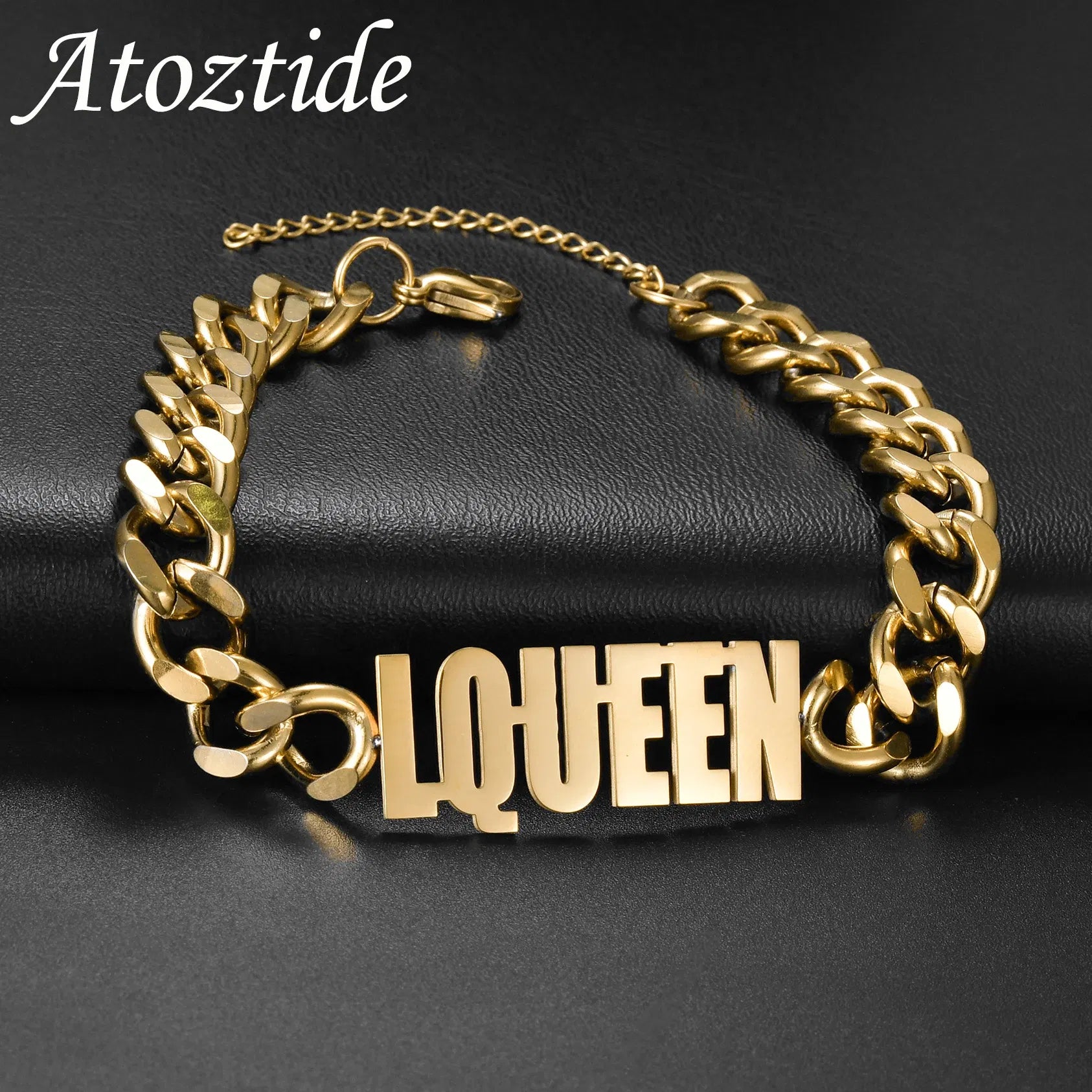 Metal Color: Black Zinc Plated, Length: 18.5cm, Main Stone Color: Orange - Atoztide Personalized Custom Name Bracelet for Women Men Stainless Steel 10mm Cuban Chain Nameplate Handmade Bangle Jewelry Gift