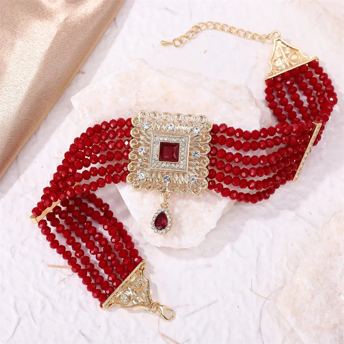 Metal color: Light Yellow Gold Color - Hand Beaded Necklaces Water Drop Pendants Beaded Necklaces For Arab Brides