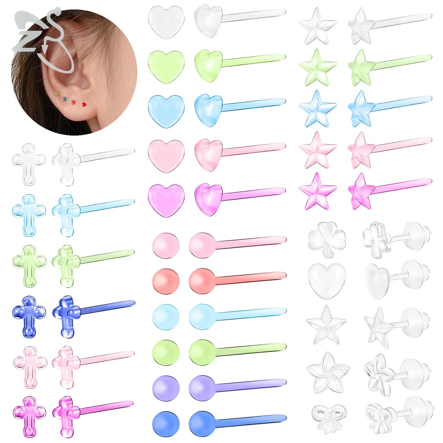 Metal Color: Antique Gold Plated - ZS 10-50pcs/lot Colorful Acrylic Stud Earring Invisible Transparent  Anti-allergy Ear Pin 20G Star Ball Curing Ear Hole Retainer