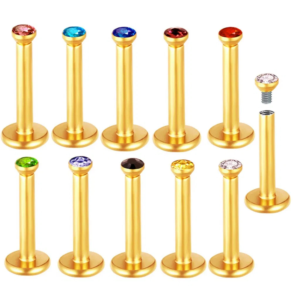 Metal color: ROSE GOLD COLOR - 2X 16g 1.2mm Crystal Steel -Gold- Labret Ring Bar Ear Cartilage Tragus Monroe Lip Nose Stud Internally Threaded Piercing