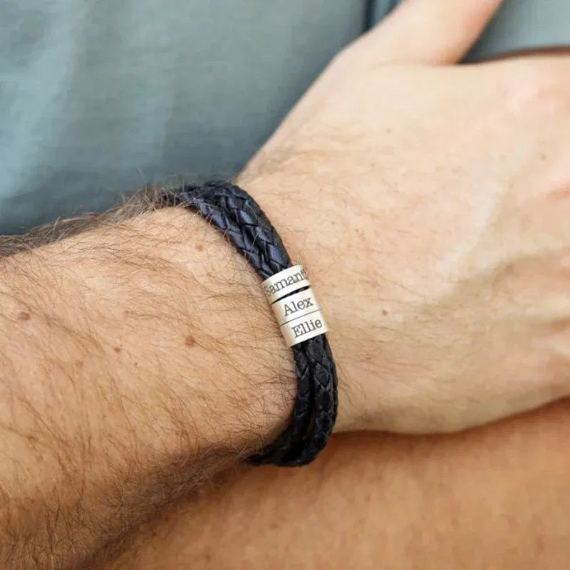 Metal Color: Rhodium Plated, Length: 19cm, Main Stone Color: WHITE - Personalized Names Men Leather Bracelet Braided Leather Bracelet Custom Family Names Bracelet Personalized Men Bracelet Gift