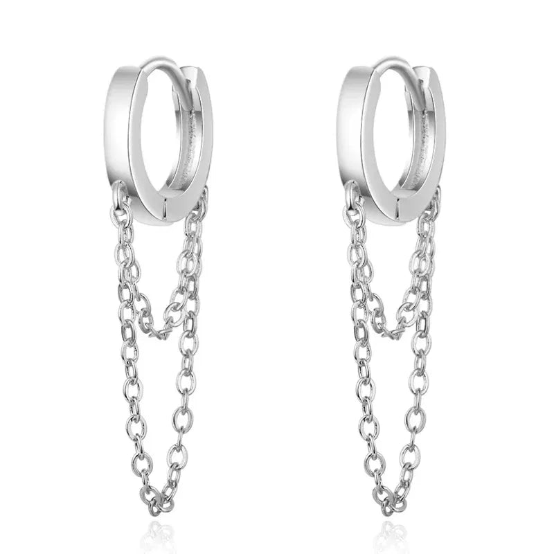 Metal Color: BROWN - Silver Color Punk Style Double Layer Chain Hoop Earring For Women Gold Color Ear Jewelry 2022 New Earrings