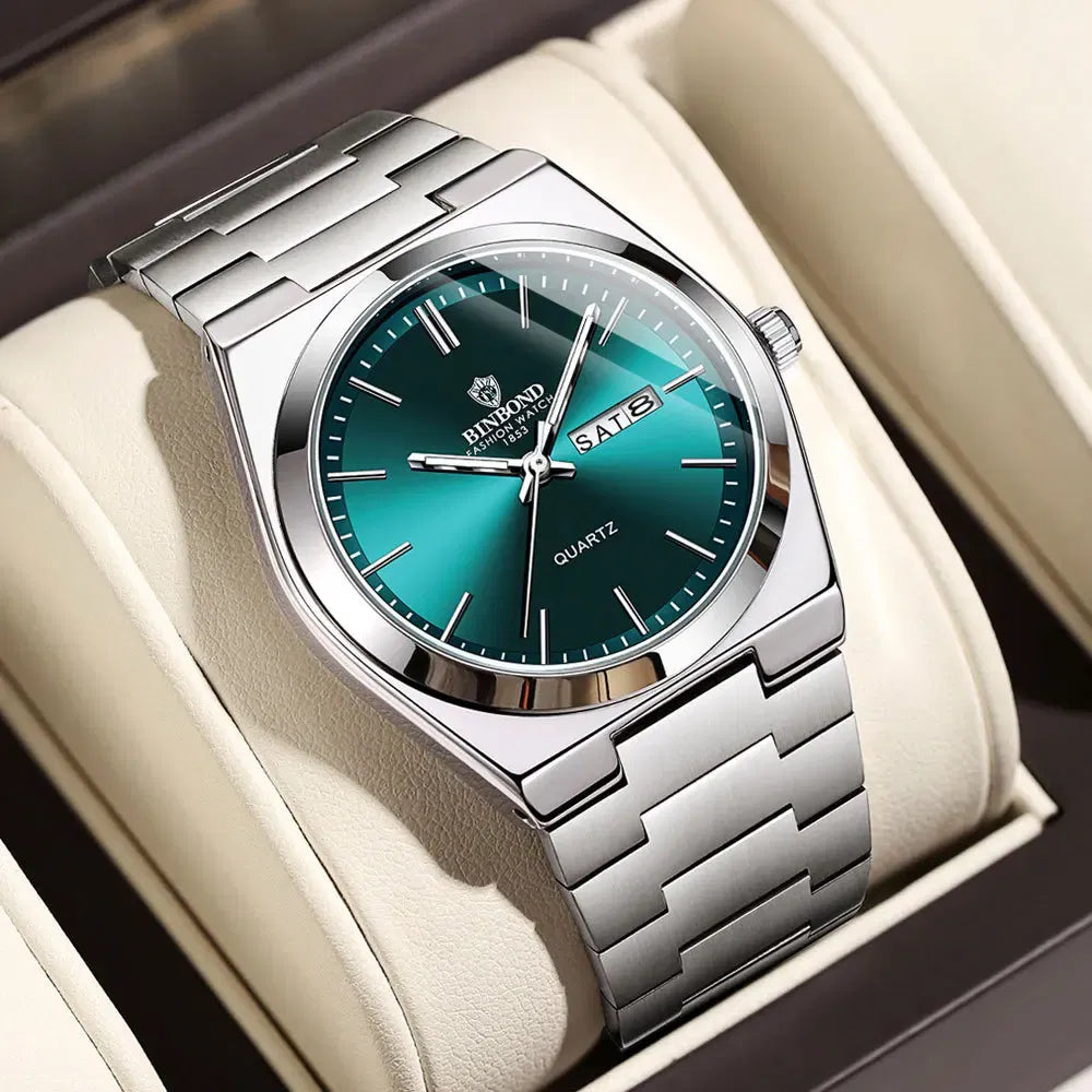 Color: Silver - UTHAI Men Watch Light Luxury Brand Stainless Steel Double Calendar Waterproof Male Business Leisure Fashion Quartz Clock Watches