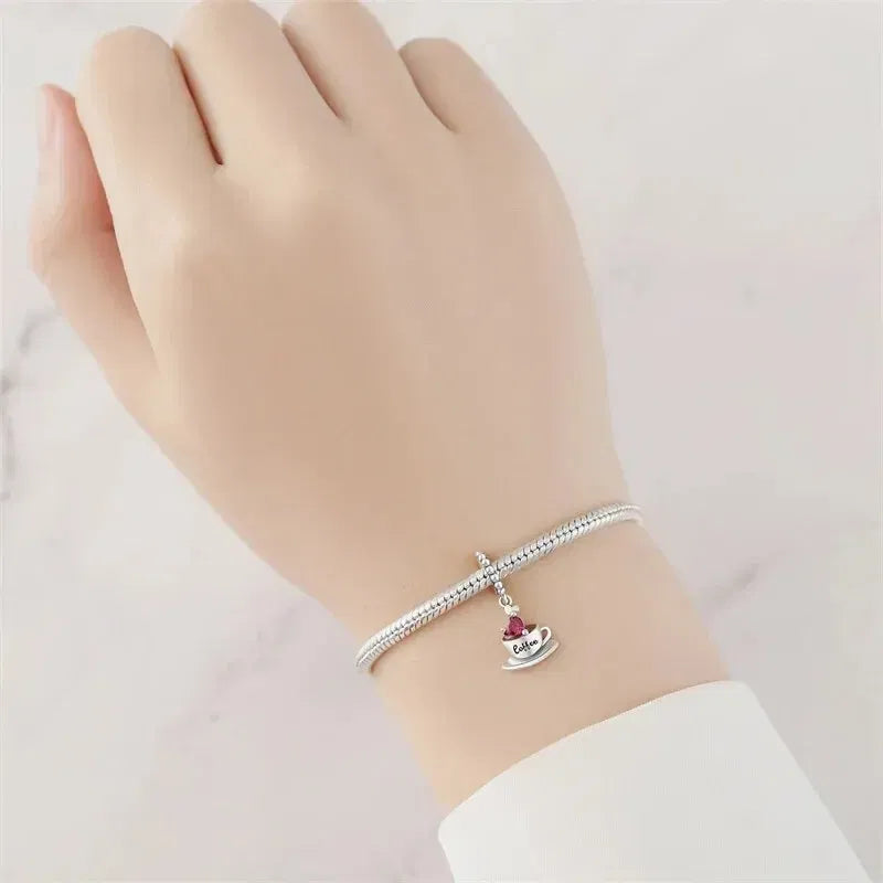 Color: Blue - Real 925 Sterling Silver Love Coffee Charm Bead Fits Original Pandora Bracelet Necklace Women Pendant Diy Fine Jewelry Hot