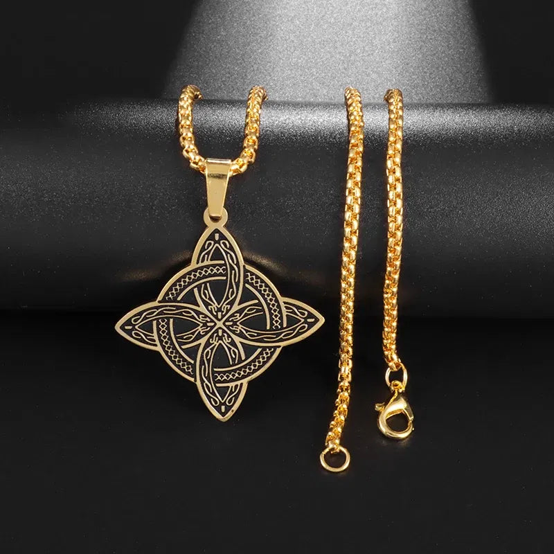 Metal Color: PURPLE - Stainless Steel Silver Color Pattern Witch Knot Pendant Necklace Celtic Knot Lucky Jewelry Gift for Friends Family
