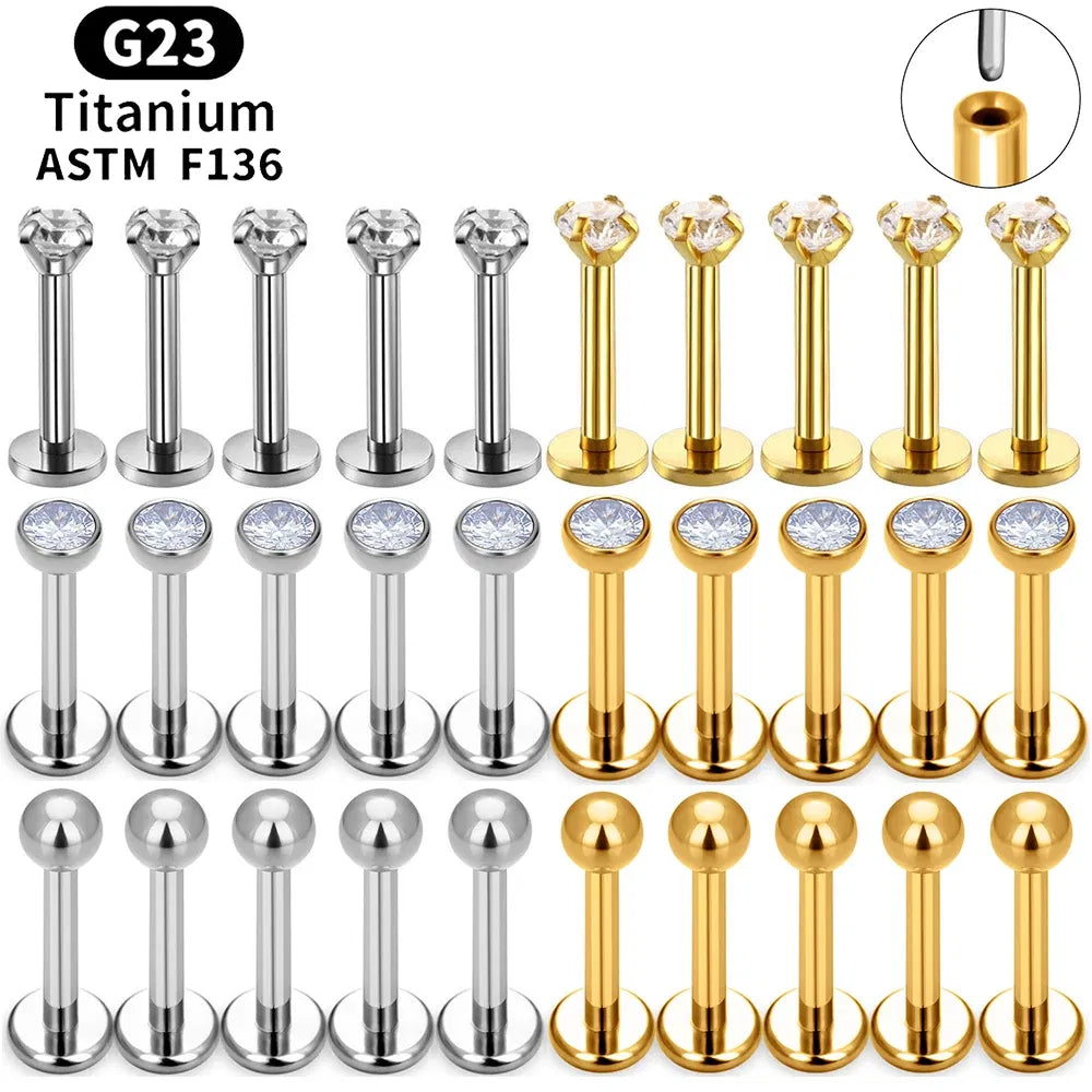 Metal color: Light Yellow Color, Ships From: CHINA, Main Stone Color: Brown - 10PCS ASTM F136 G23 Titanium Piercing Labret Lip Ring Stud Earring CZ Ear Tragus Cartilage Helix Daith Pierc Jewelry 16/18/20g