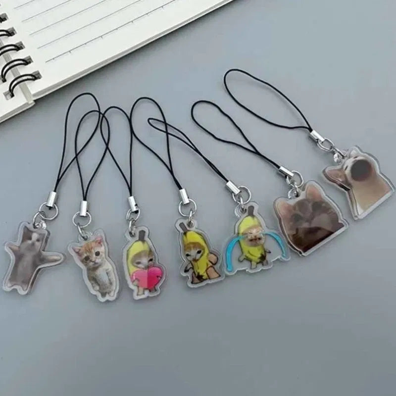 Color: Brown - Banana Cat Keychain for Students Funny Pendant Lanyard Decorations Cat Charm Phone Chain Anti-lost Strap Decors