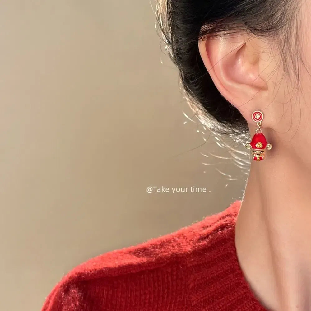 Metal Color: BRONZE - Chinese Style New Year Earrings Heart God of Wealth Snake Year Drop Earring Tassels Ear Decor 2025 Women Earrings Women