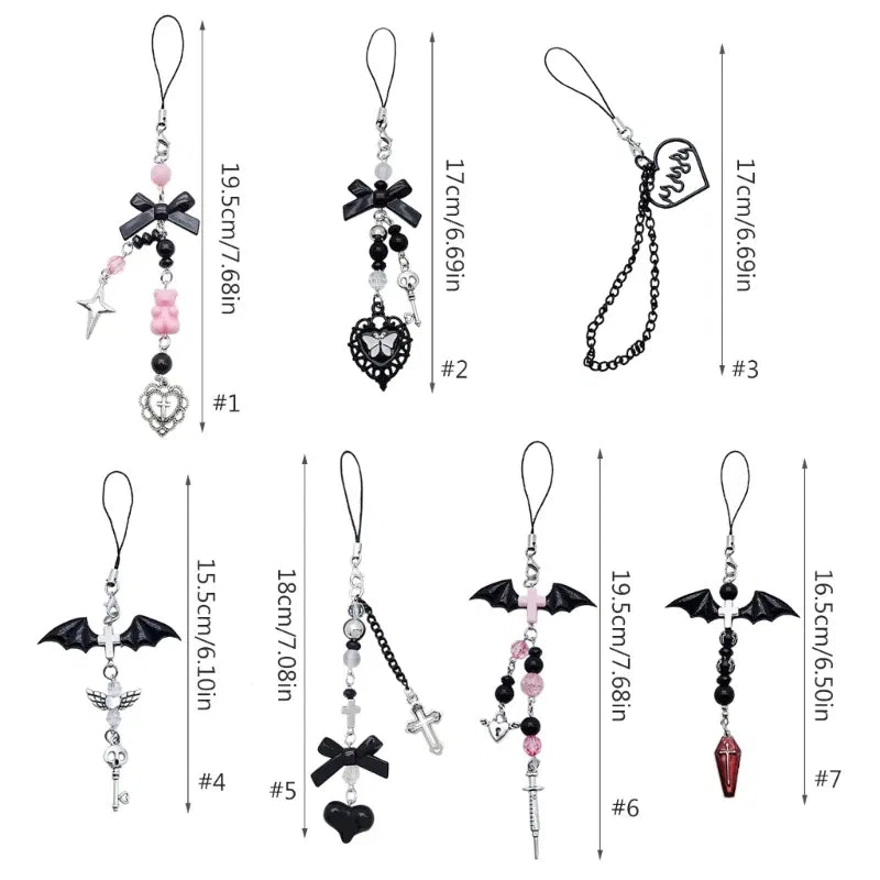 Color: black - Goth Y2K Phone Charm Pendant Kawaii-Key Chain For Bag Cute Accessory Women Guitar Strap Lanyard Beaded Keychain Pendant