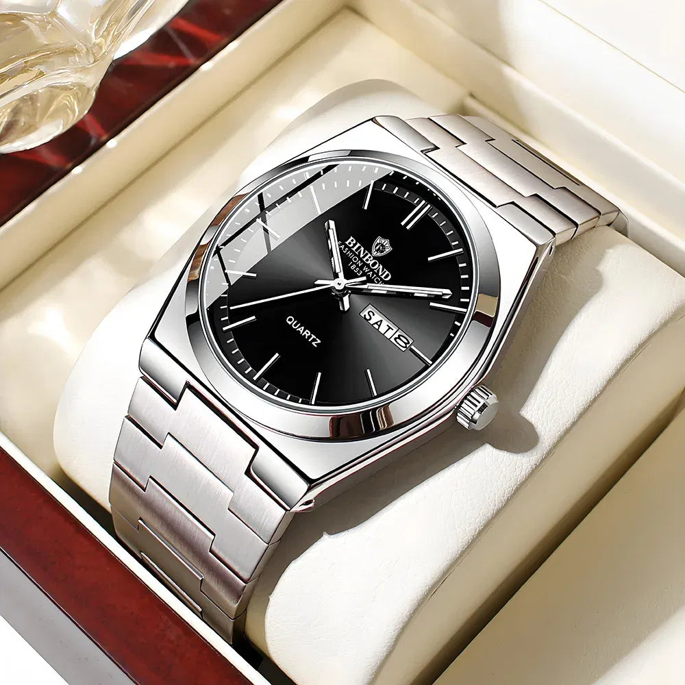 Color: Silver - UTHAI Men Watch Light Luxury Brand Stainless Steel Double Calendar Waterproof Male Business Leisure Fashion Quartz Clock Watches
