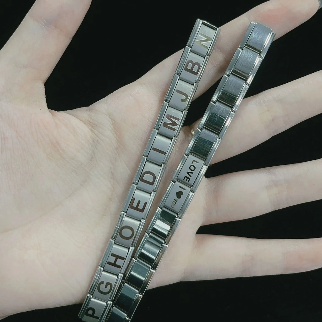 Metal Color: Rhodium Plated, Main Stone Color: WHITE - New DIY Italian Charm 9mm Module Bracelet 26 English letter Stainless Steel Elastic Bracelets for Men and Women Gift