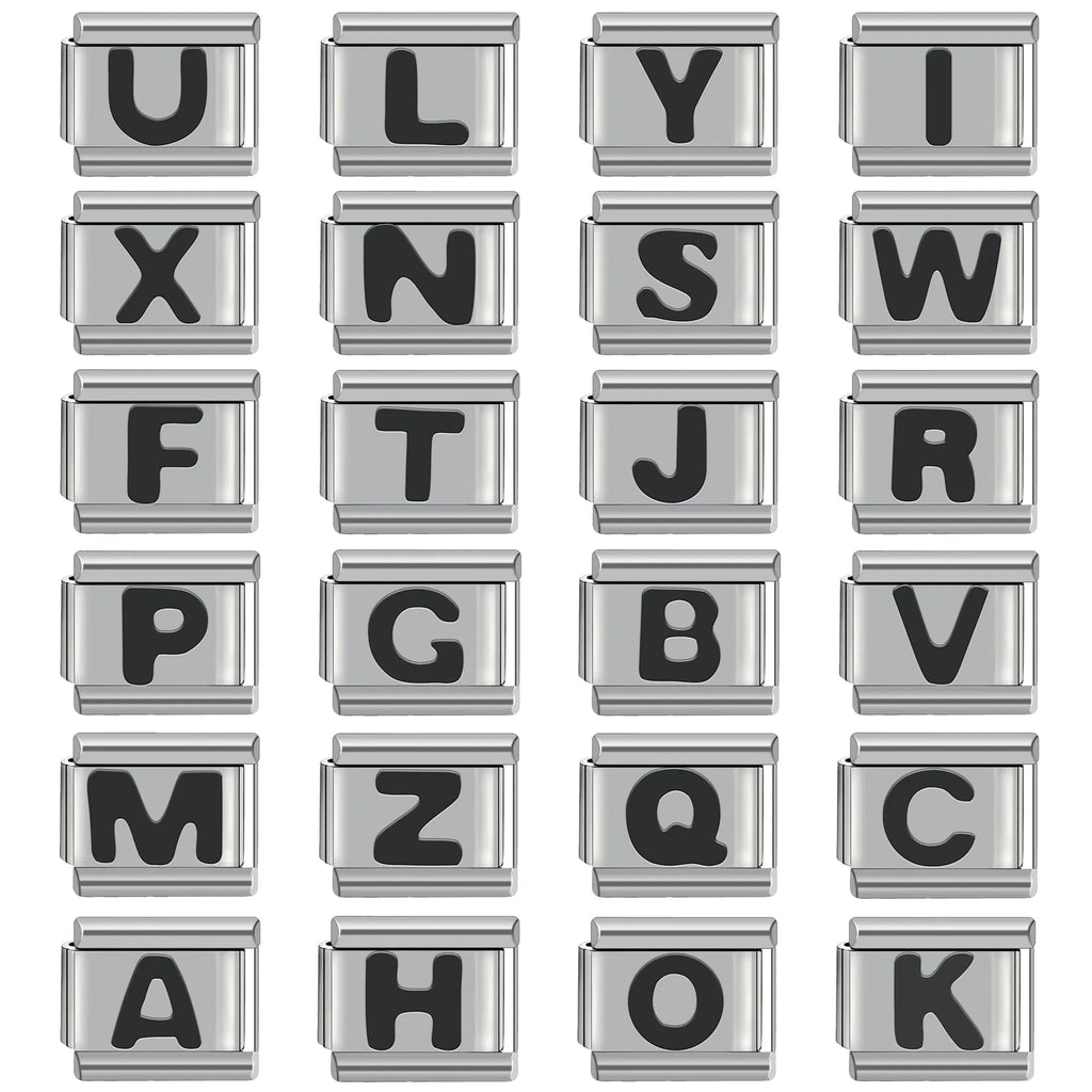 Metal Color: brownish yellow - Black 26 Letter 9mm Diy Italian Charm Stainless Steel Bracelet