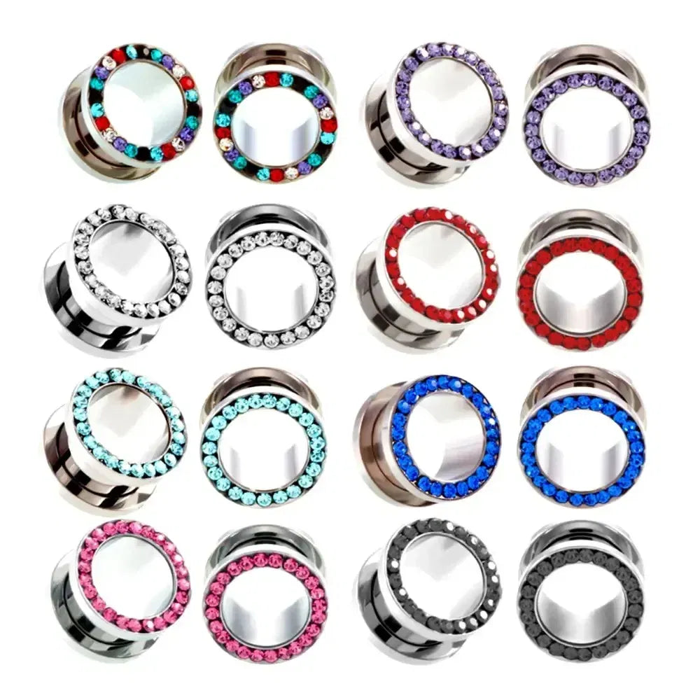 Metal color: Light Yellow Gold Color, Main Stone Color: Yellow - 2pc Steel Multicolour Crystal Ear Plug Flesh Tunnel 8g ( 3mm ) - 1" ( 25mm ) Gauge Expander Stretcher Screw Fit