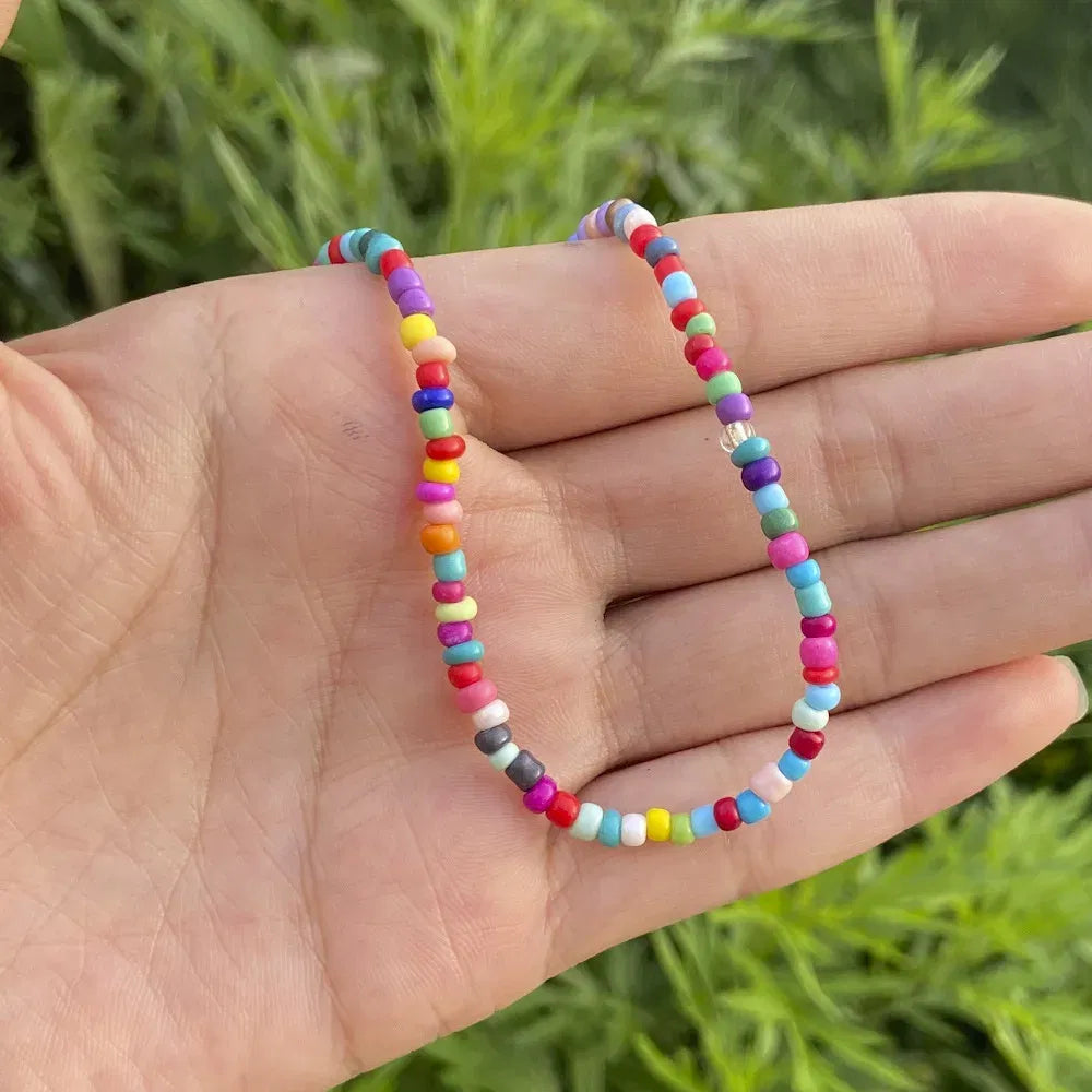 Metal Color: Rust Red - 2022 New Trend Colorful Rice Beads Necklace Bohemia Fashion Style Ladies Clavicle Chain Necklace Girls String Pearl Neck Jewelry