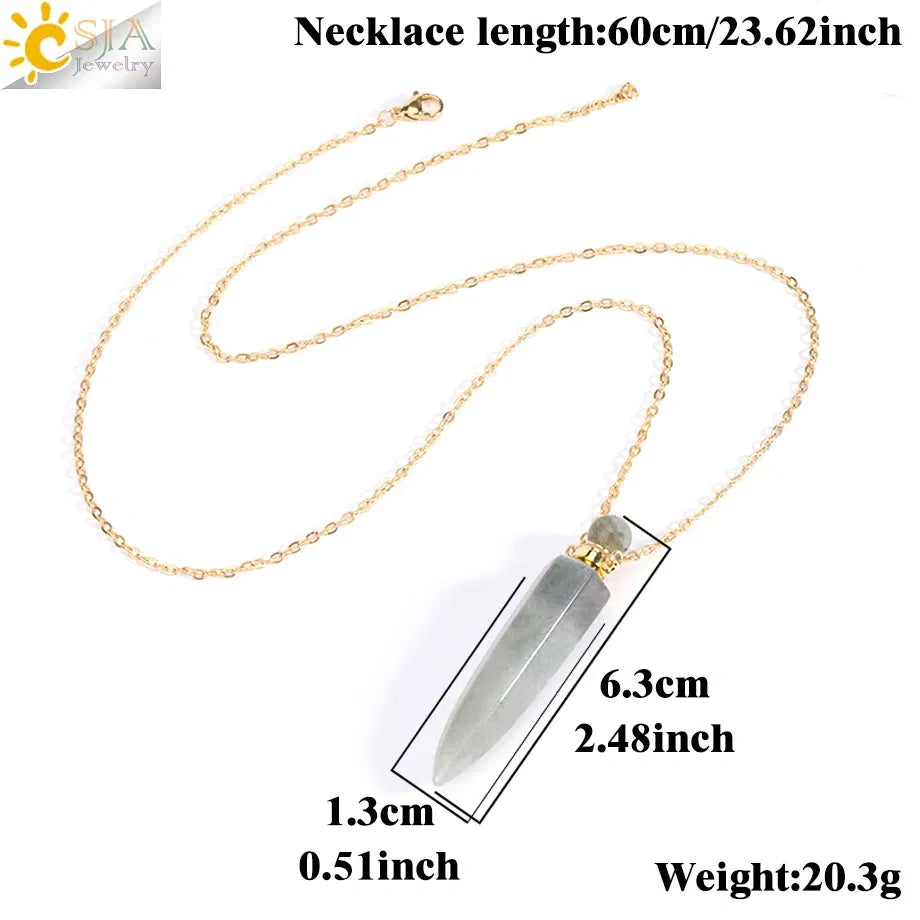 Metal color: Pure Gold Color - CSJA Crystal Perfume Bottle Women Necklace Natural Stone Hexagonal Cone Pendant Reiki Oil Diffuser Necklaces Christmas Gift H358