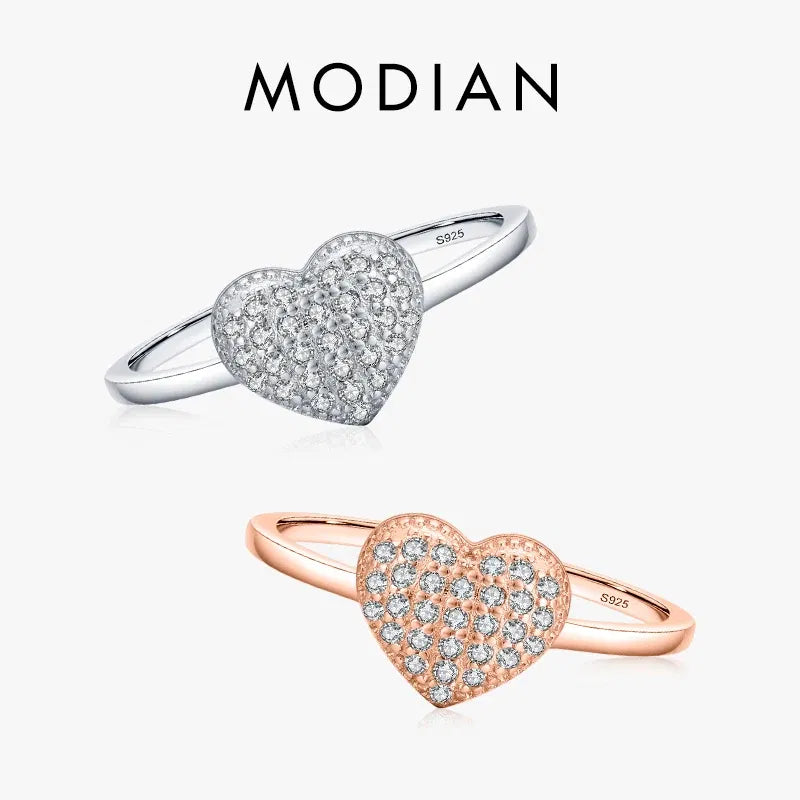 Gem Color: silver, Ring Size: 5 - MODIAN 925 Sterling Silver Delicate Romantic Love Heart Finger Ring Zirconia For Women Fine Jewelry Valentine Day Gift