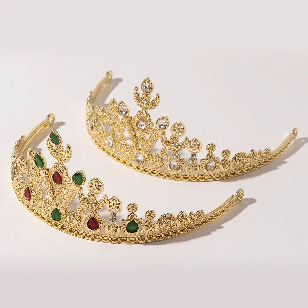 Metal color: Gold-color - LUIZADA European Princess Queen Round Headdress Moroccan Bride Crystal Crown King Bride Headdress Wedding Hair Accessories