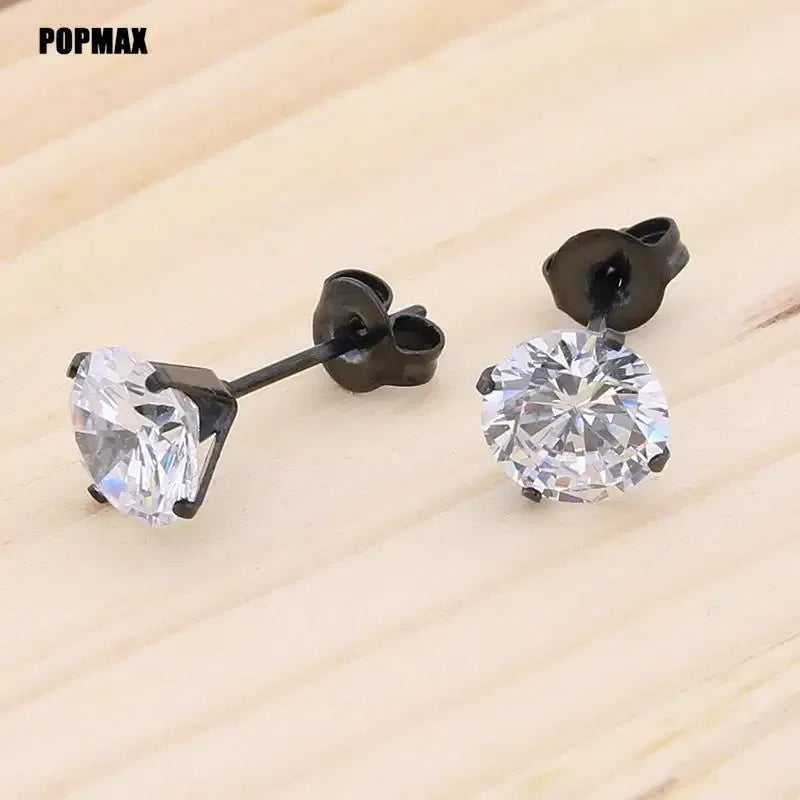 Metal Color: Gold-color, Main Stone Color: Blue - POPMAX 1Pairs/2Pcs Stainless Steel Crystal Studs Earrings For Women Men 4 Prong Tragus Round Clear Cubic Zirconia Ear Jewelry