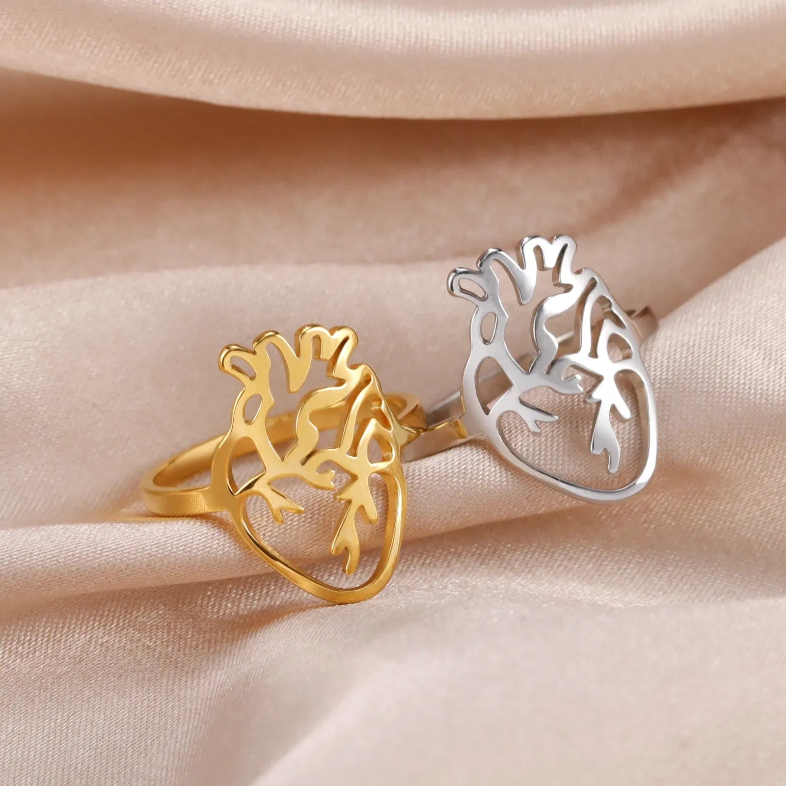 Main Stone Color: Silver, Ring Size: 7 - Skyrim Hollow Anatomical Heart Ring Women Stainless Steel Gold Color Finger Rings Fashion Medical Biology Jewelry Gift for Lover