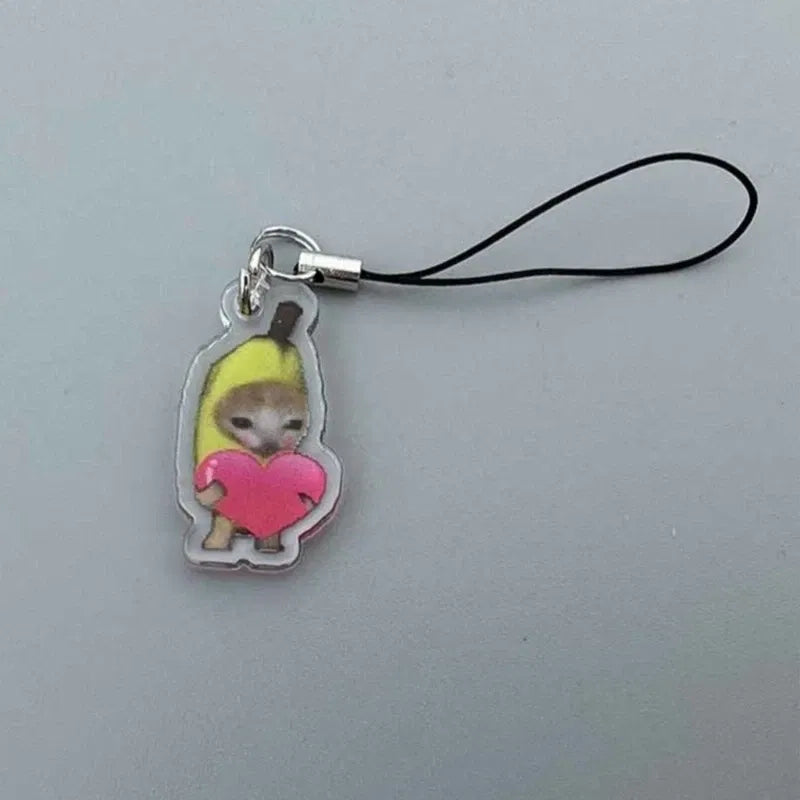 Color: Brown - Banana Cat Keychain for Students Funny Pendant Lanyard Decorations Cat Charm Phone Chain Anti-lost Strap Decors