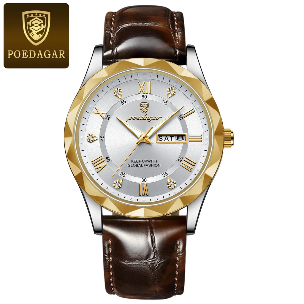Color: Pink - POEDAGAR Luxury Business Man Wristwatch Waterproof Luminous Date Week Men Watch For Men Quartz Clock Leather Men's Watches reloj