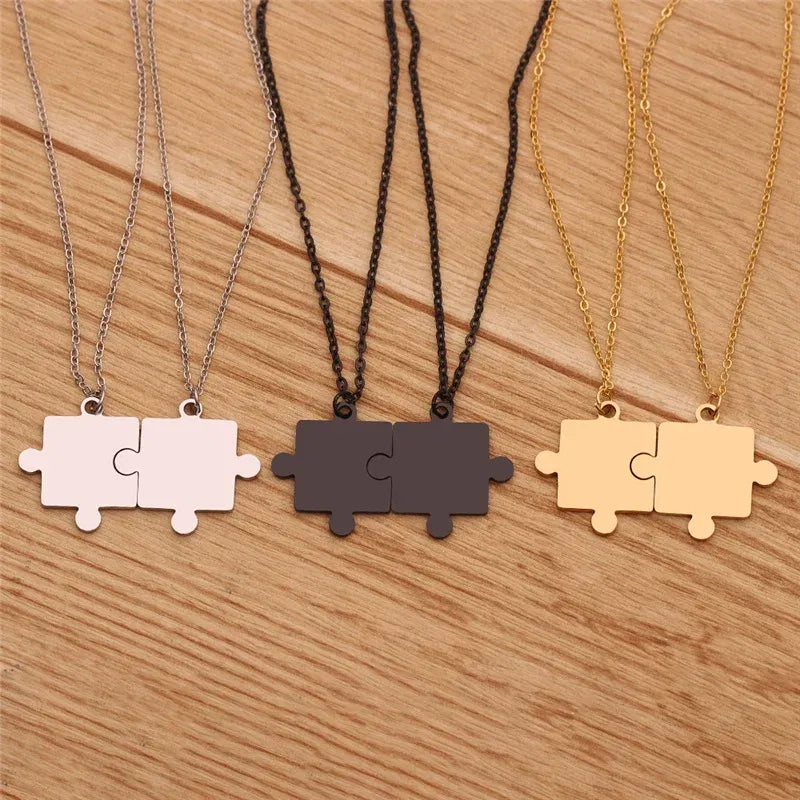 Metal color: Light Yellow Gold Color - 1pair Stainless Steel Classic Puzzle Pendant Necklace Simple Exquisite Jewellery Gift For Friends