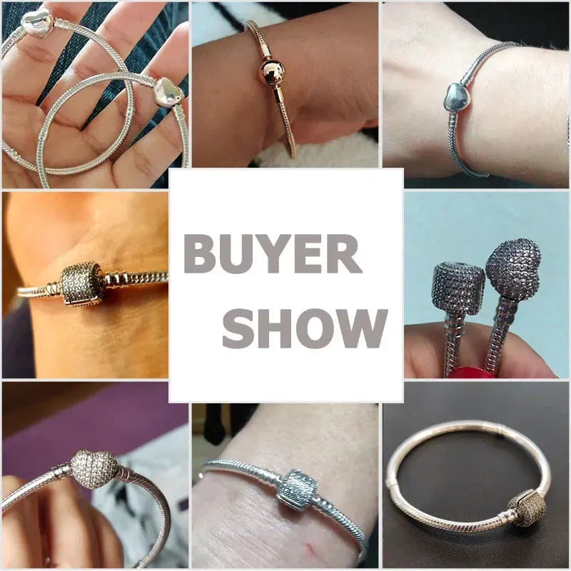 Gem Color: Gold, Length: 19cm - Original 925 Sterling Silver Bracelet Star Heart Clasp Snake Chain Rose Gold DIY Beads Charms Bracelets For Women Luxury Jewelry