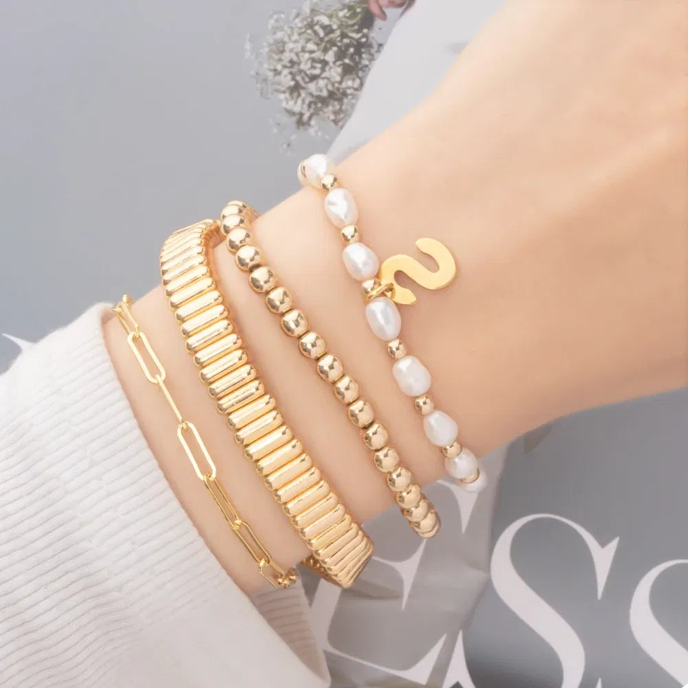Metal Color: dark green, Ships From: CHINA - Wholesale Gold Silver Color Elastic Bracelets Handmade Letter Charms Bracelets For Women 2X8MM Beads Bracelets Bohemain Jewelry