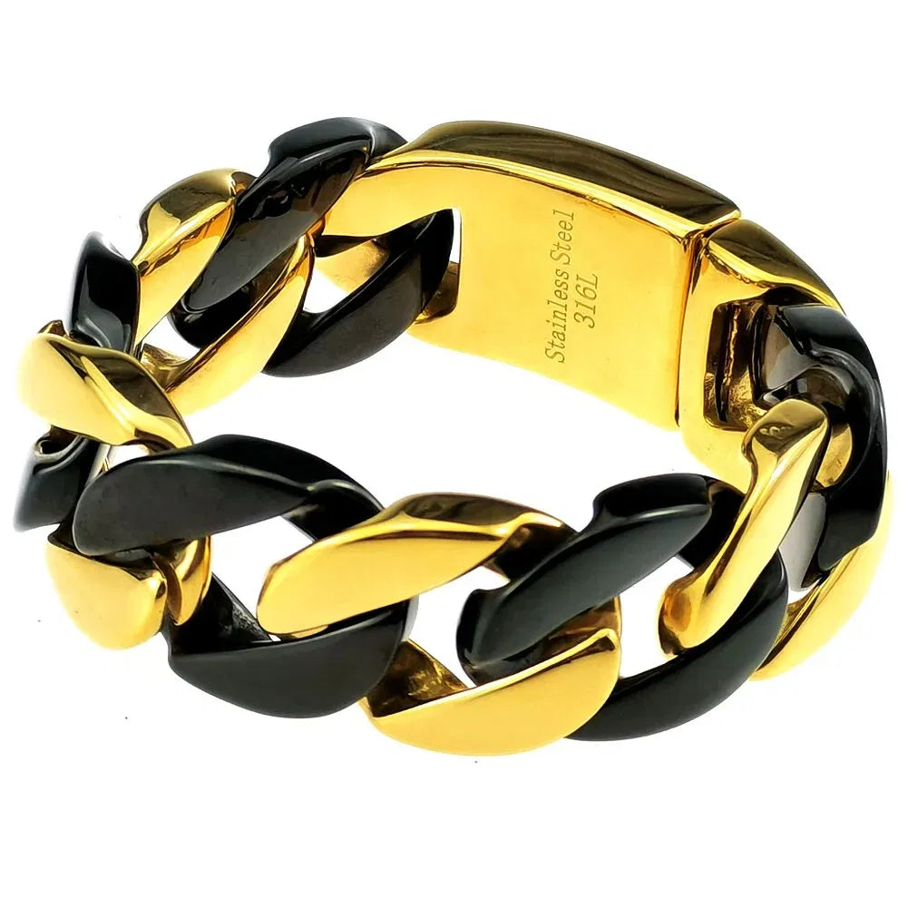 Length: 50cm, Main Stone Color: Black - 316L Stainless Steel  and Black Tone Curb 24mm Solid Heavy Long Necklace + Bracelet Jewelry