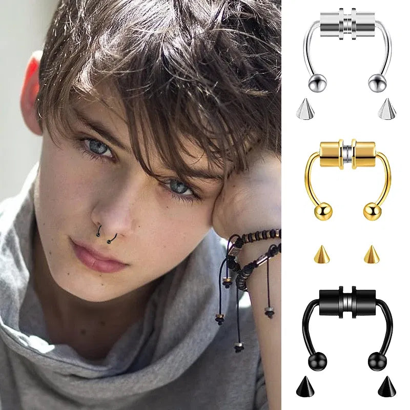 Metal color: Blue - Women Fake Piercing Nose Ring Hoop Septum Non Piercing Nose Clip Rock HipHoop Stainless Steel Magnet Fashion Punk Body Jewelry