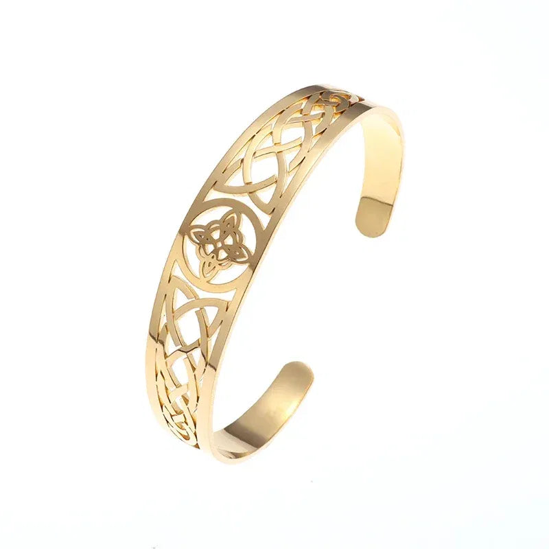 Metal color: Beige - Witch Knot Cuff Stainless Steel Pagan Witchcraft Symbols Magic Knot Women's Good Luck Amulet Bracelet Celtic Knot Bracelet