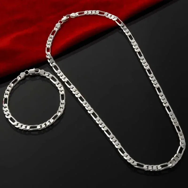 Gem Color: Green, Length: Other - 925 Sterling Silver 4MM 16-30 Inches Figaro Chain Bracelet Necklace For Man Woman Fashion Couple Christmas Gift Jewelry Set 2pcs