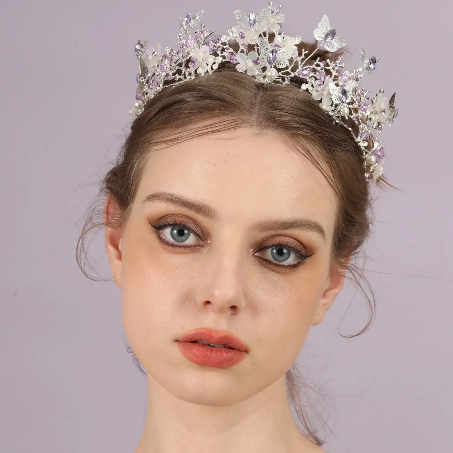 Metal color: Light Yellow Color - Baroque Silver Color Purple Crystal Butterfly Bridal Tiaras Crowns Headpiece Rhinestone Pageant Diadem Wedding Hair Accessories